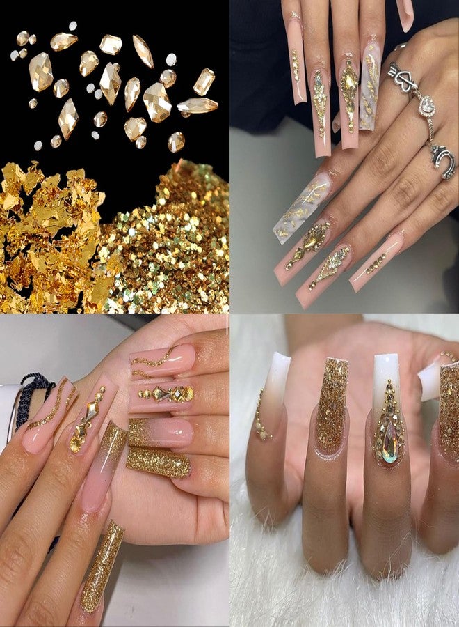 VOTACOS Nail Art Rhinestones Flatback Gold Nail Charms Multi Shapes Crystal Mixed Glitter Foil Design Gold Gems Accessories for Women Manicure Decorations Supplies - Image 2